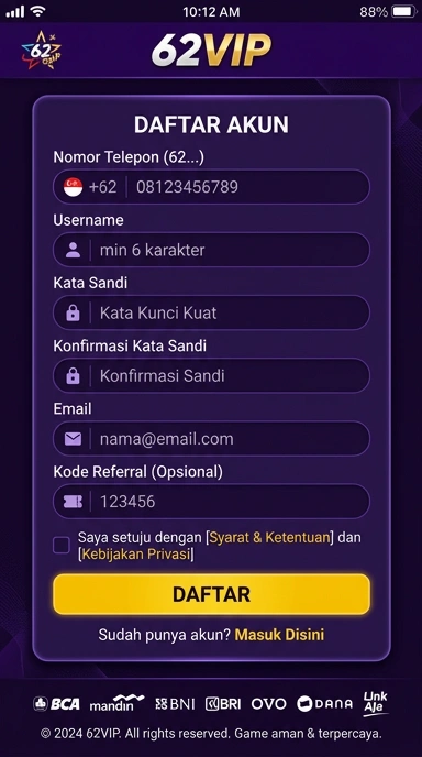 Tampilan halaman daftar 62vip