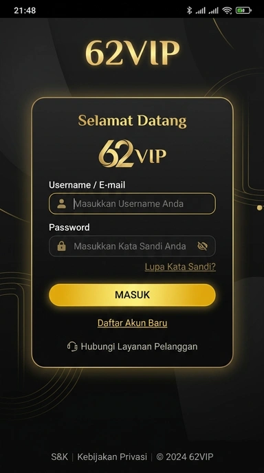 Tampilan halaman login 62vip