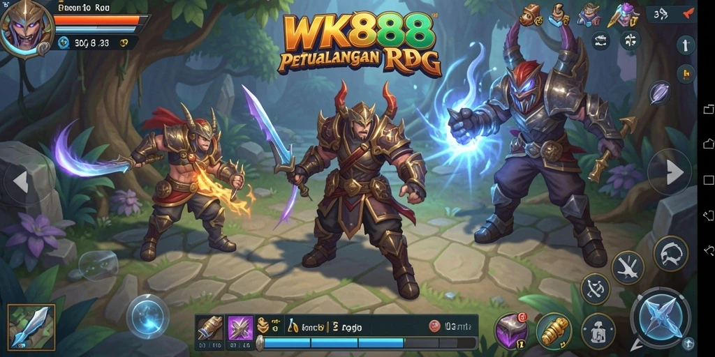 Antarmuka bermain WK888 menampilkan grafis RPG yang indah dan karakter unik.